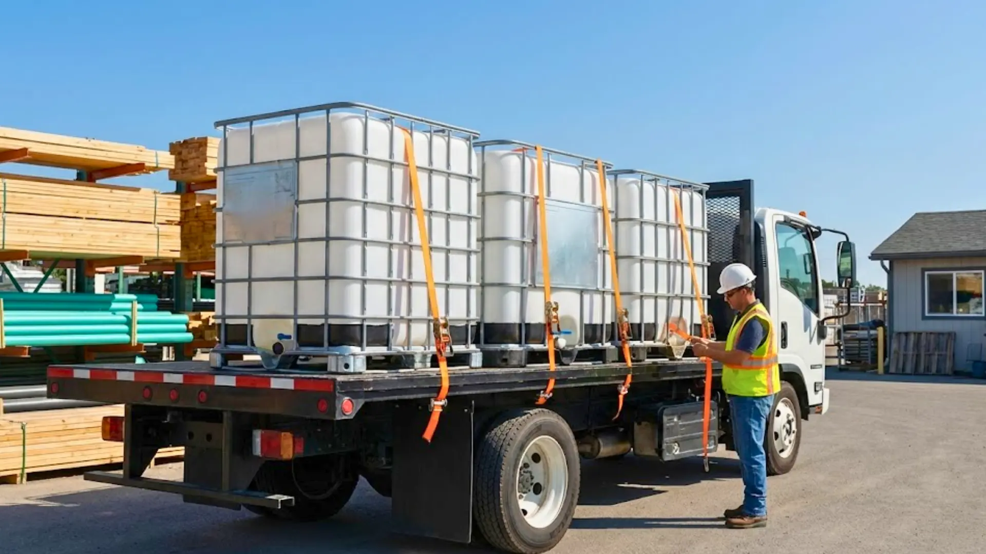 Worker securing IBC tanks on a flatbed truck, freight forwarder professional indemnity quote