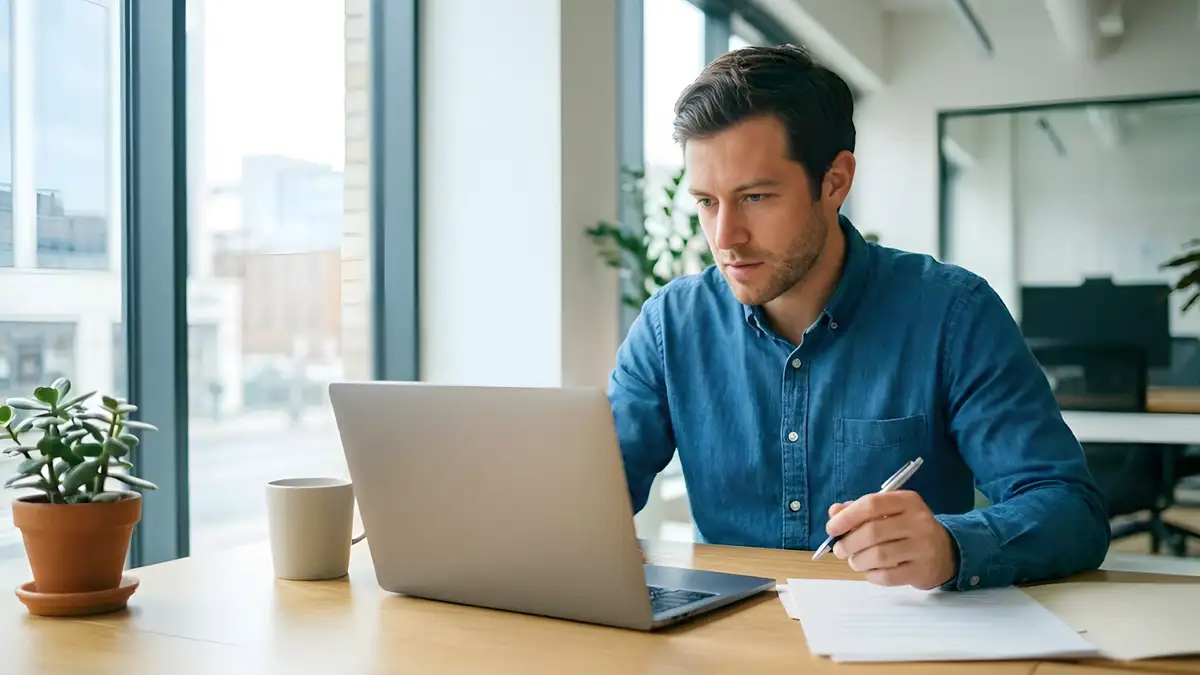 Business consultant reviewing documents and working on laptop in modern office environment
