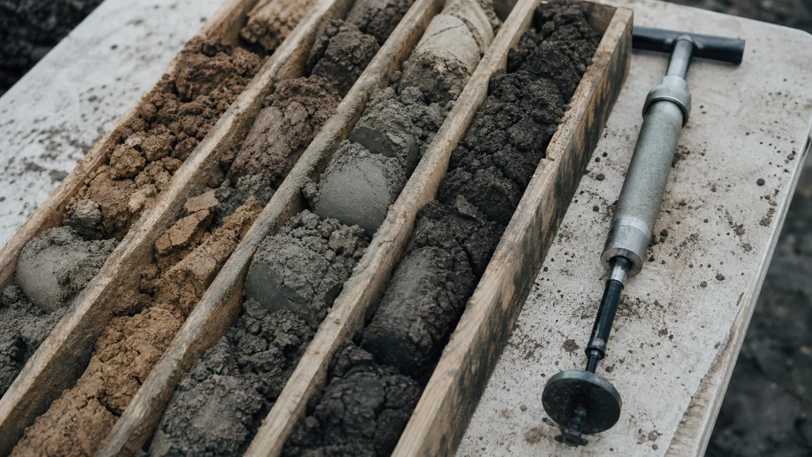 Soil core samples in timber trays - geotechnical investigation risk
