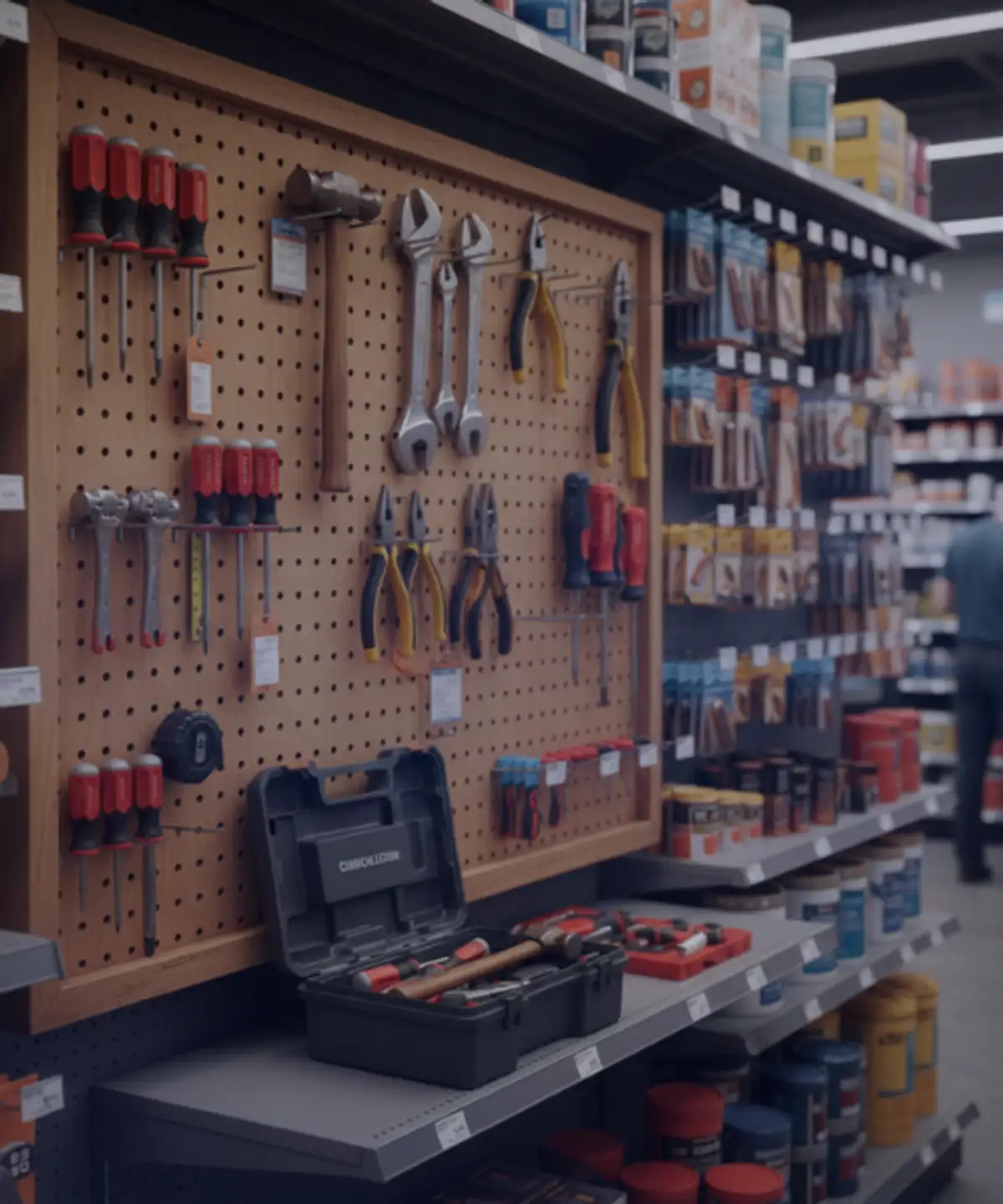 Hardware store tool display with professional hand tools, screwdrivers, pliers and portable toolbox for home renovation projects