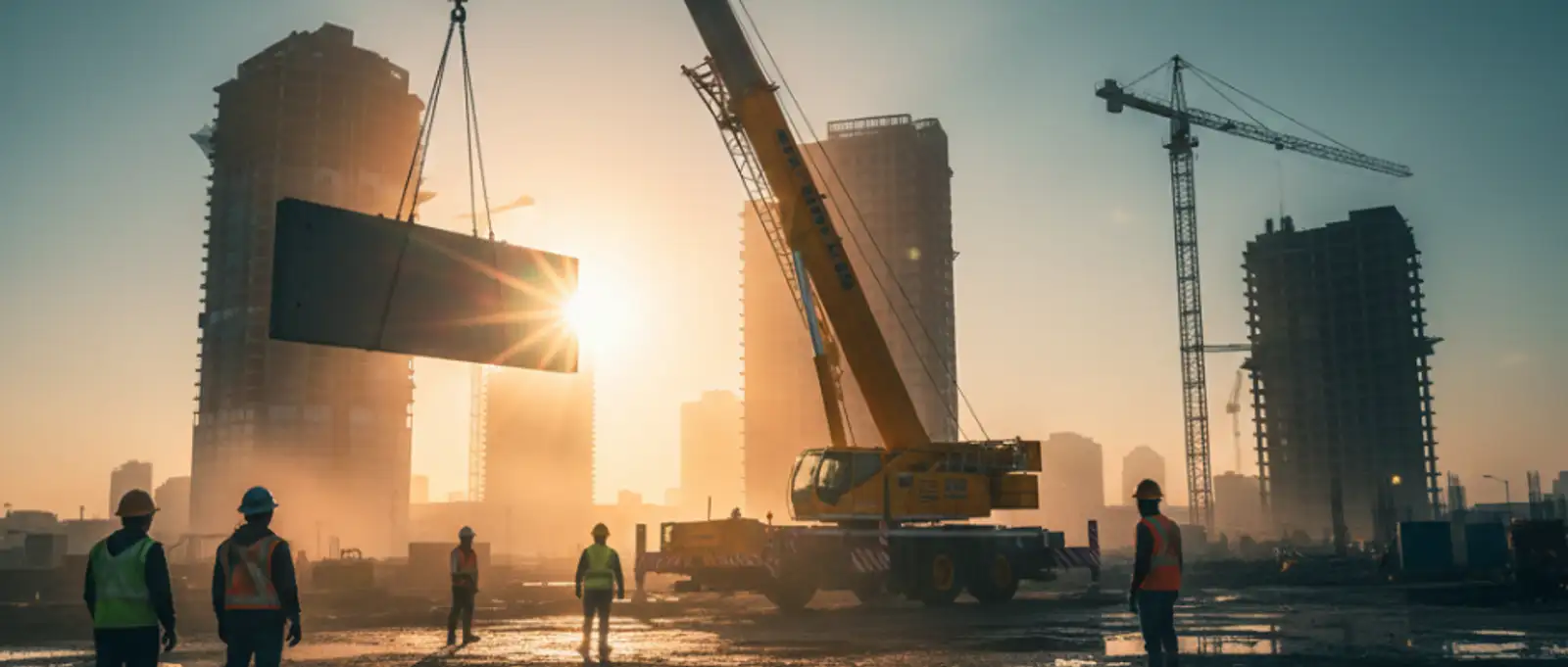 Mobile cranes lifting prefabricated panel on construction site – crane hire insurance Australia