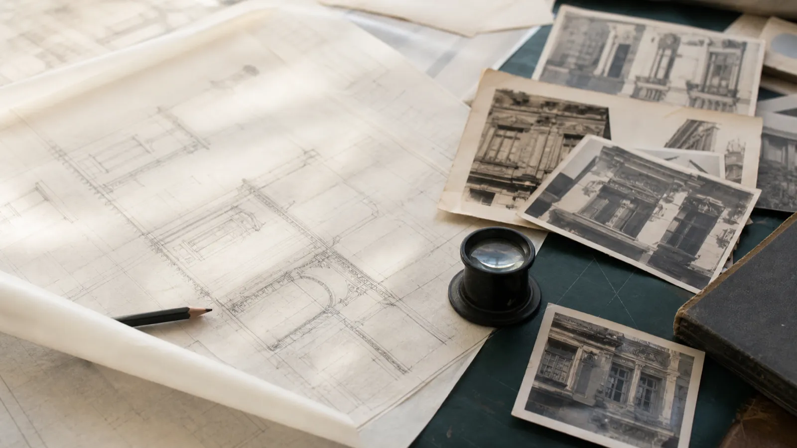 Archival building drawings and historic photos on a heritage consultant's desk
