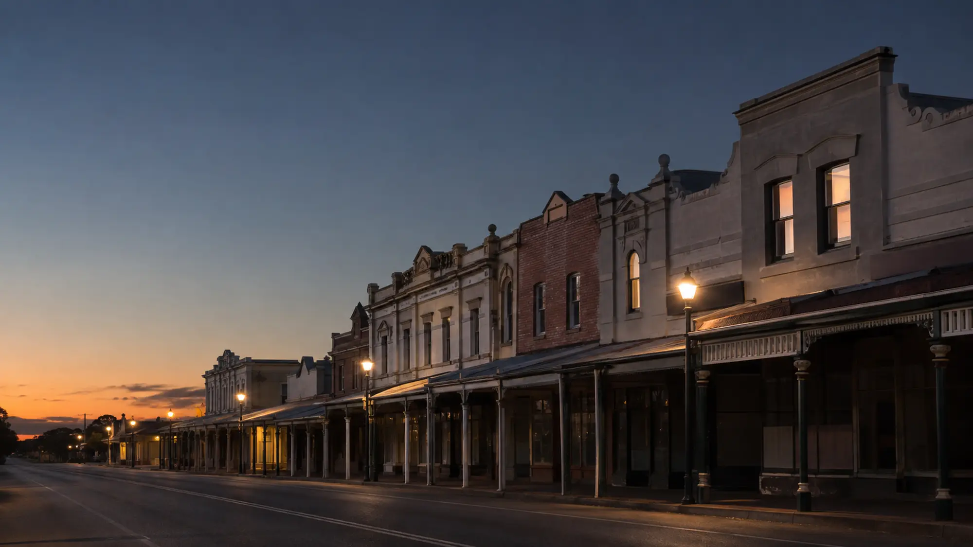 Regional heritage main street at dusk with Victorian shop-top buildings and old-style street lamps