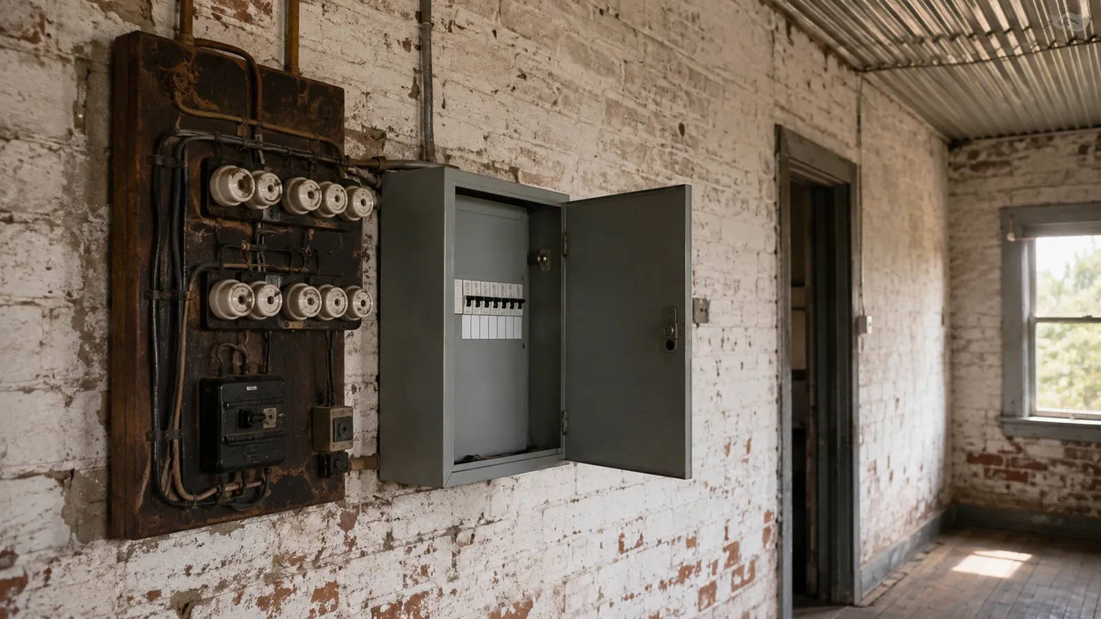 Original ceramic fuse board beside an open modern switchboard on a lime-washed brick hallway wall