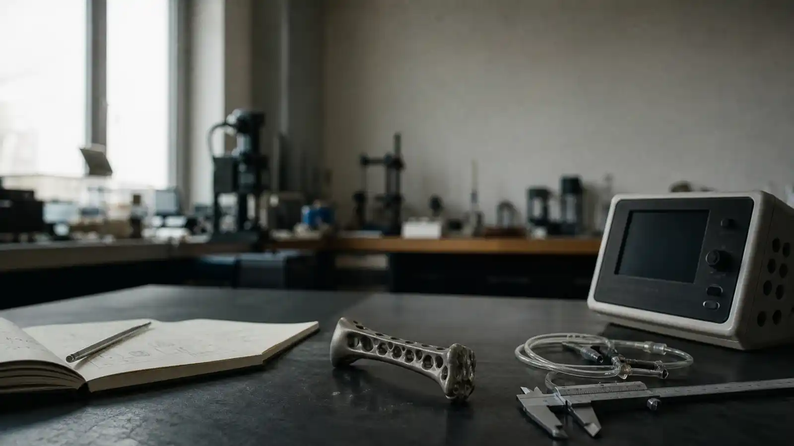 Biomedical engineer working with medical device components