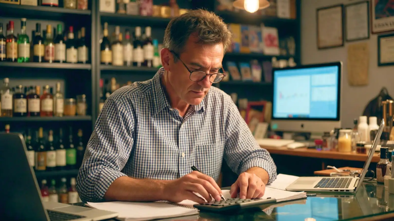 A focused small business owner using a calculator to manage business expenses and insurance payments.