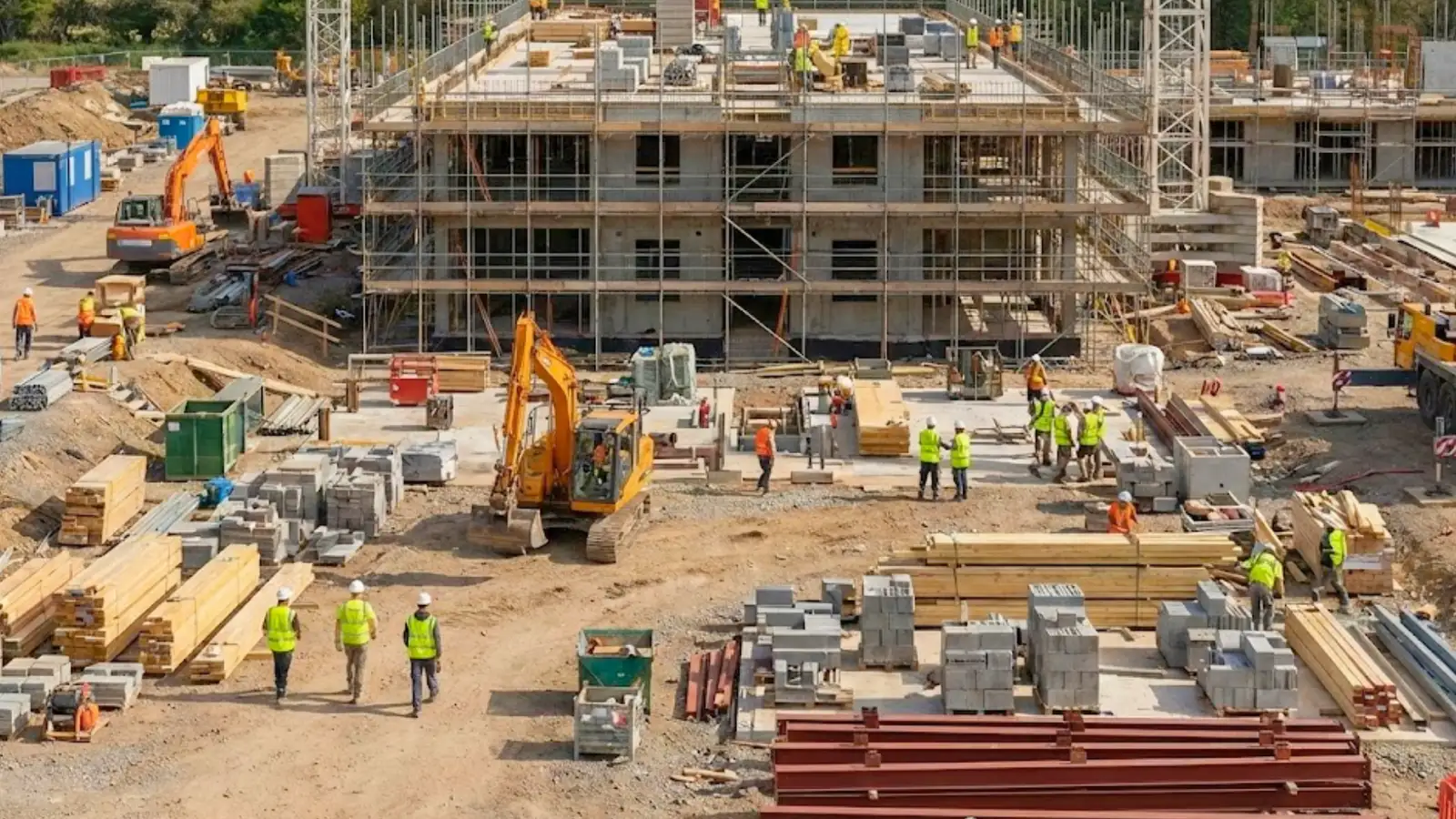 Large commercial construction site with scaffolding excavators and workers requiring comprehensive builders insurance coverage
