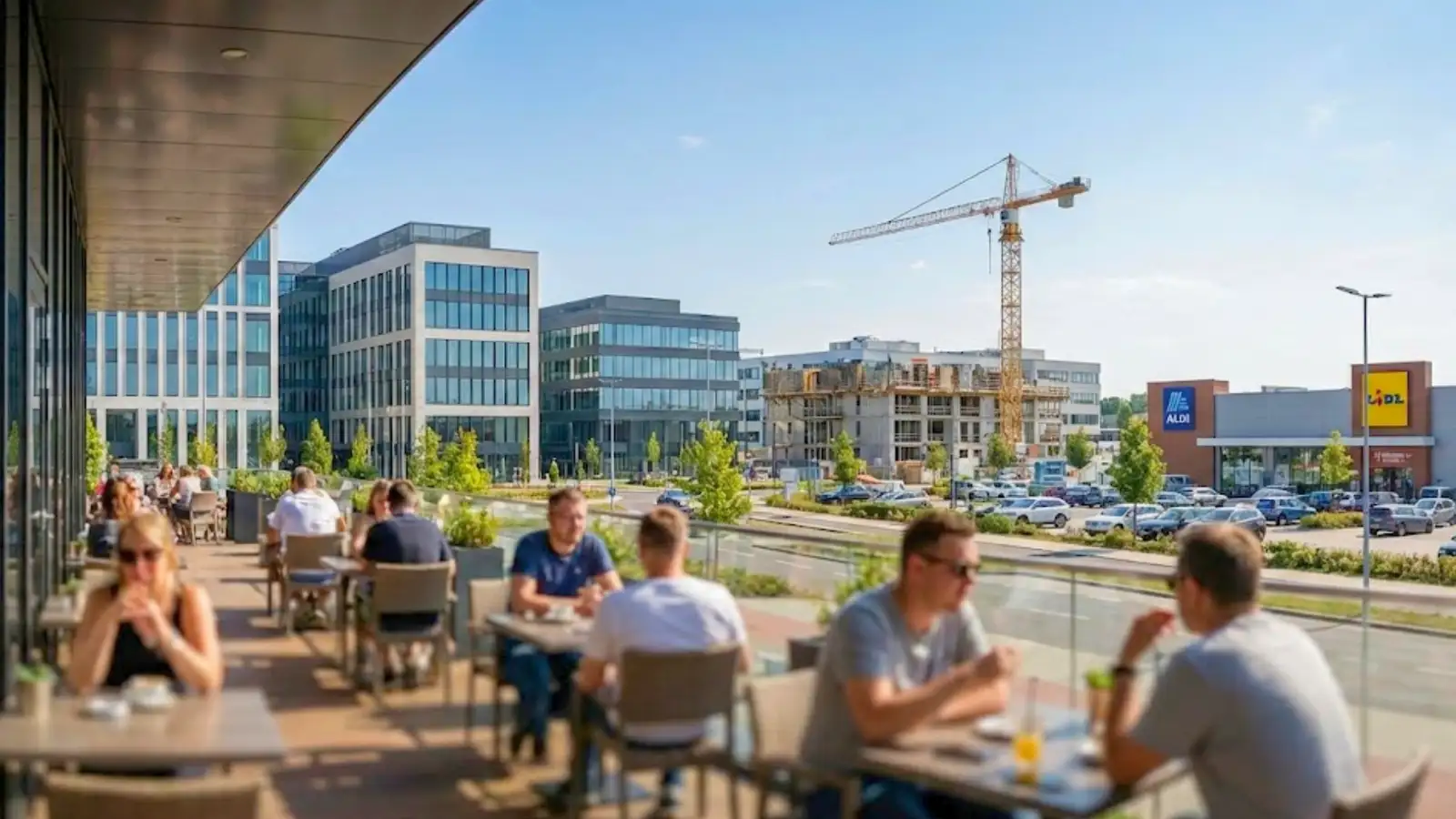 Busy outdoor café terrace with customers dining near commercial buildings and construction site representing business liability exposure