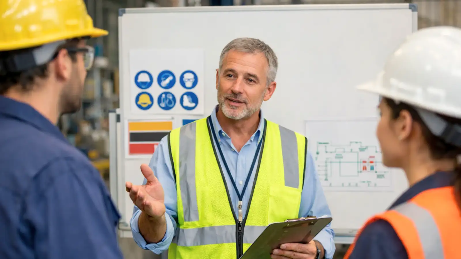 Health and safety consultant explaining workplace safety procedures to employees in a warehouse facility