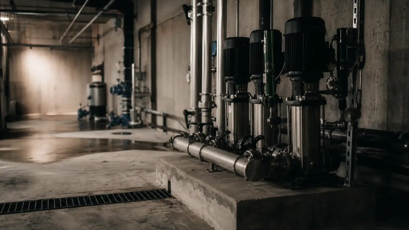 Booster pumps and manifold pipework in a plant room - hydraulic engineer insurance