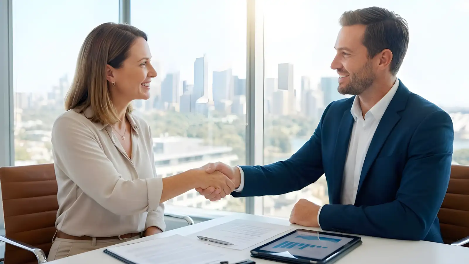 Professional business insurance broker shaking hands with a client in a bright, modern office.