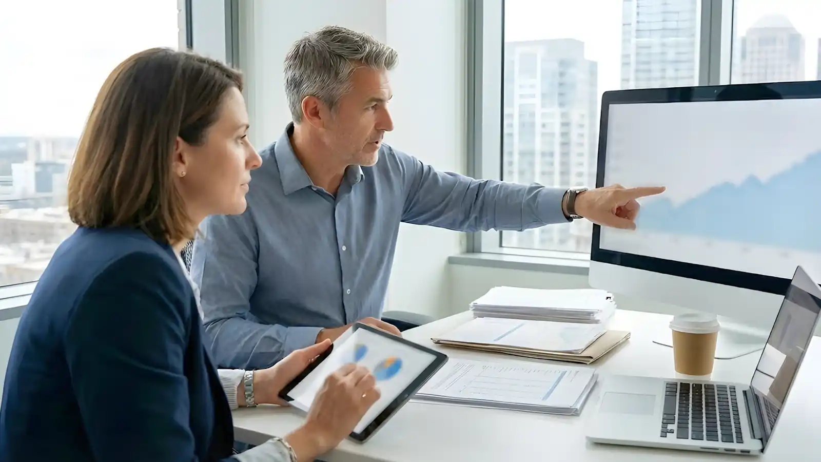 Investment management consultants reviewing portfolio analytics on screen – professional indemnity insurance for fund managers Australia