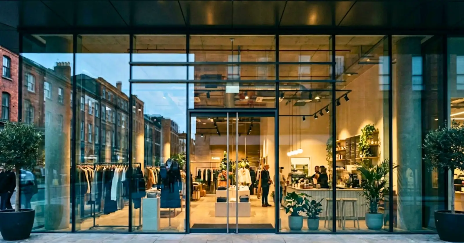 Modern commercial building corner with extensive glass curtain wall facade and revolving door entrance