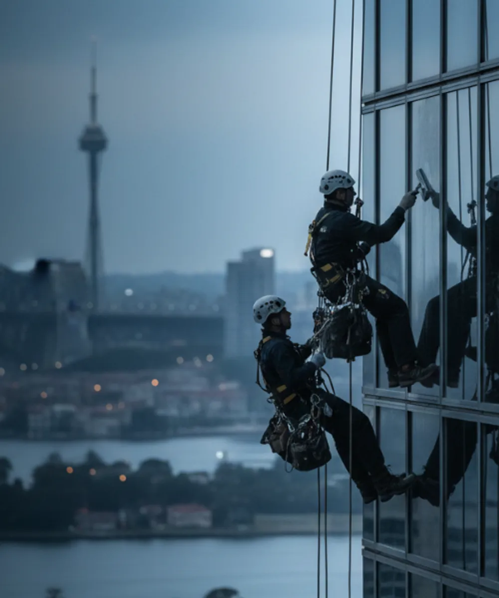 Rope access window cleaners suspended on high-rise building façade at dusk – highlighting working at heights liability and specialist insurance needs for abseiling contractors