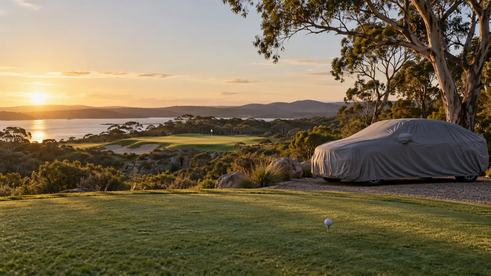 Par 3 tee with golf ball and a covered prize car, hole-in-one insurance for golf days