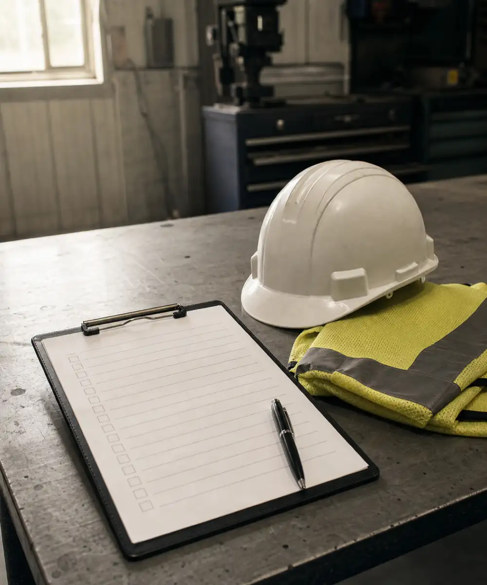 Workplace induction checklist, hard hat and high-visibility vest for host employer liability