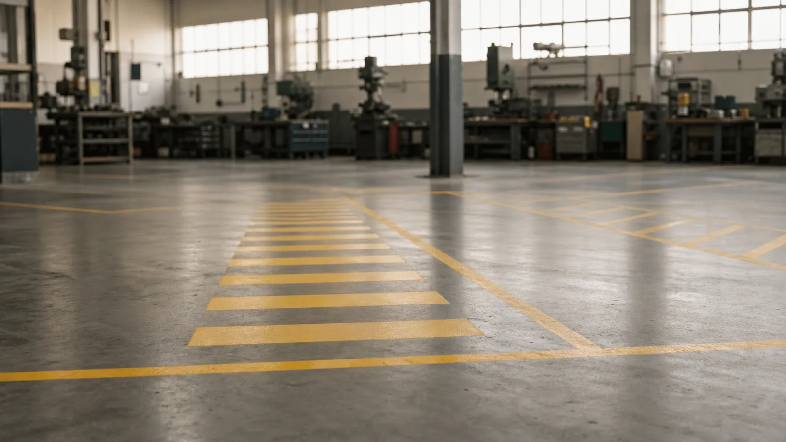 Marked pedestrian walkway on a workshop floor for businesses hosting labour-hire workers