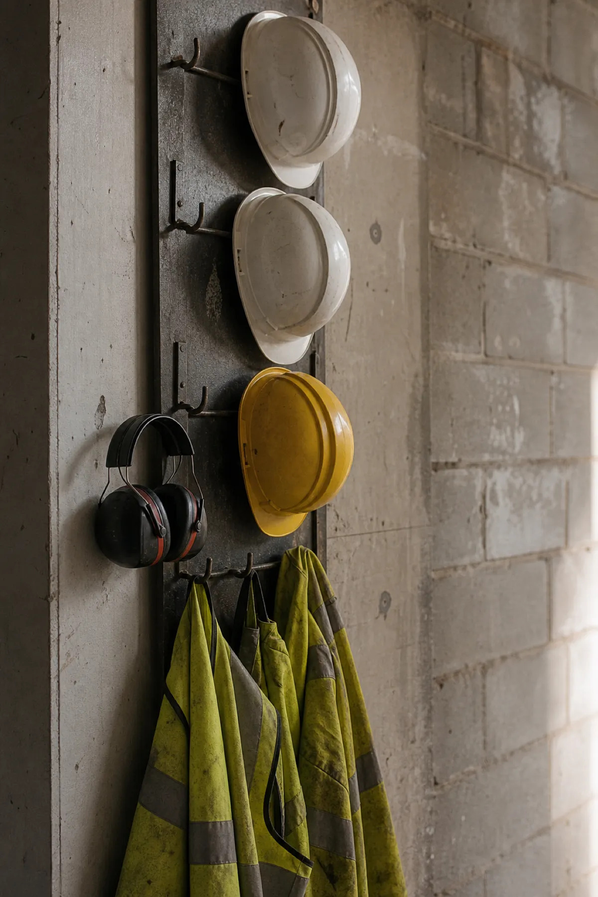 Workshop PPE rack with hard hats, high-visibility vests and hearing protection
