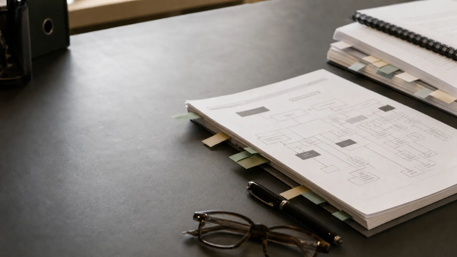 Workplace policy manuals and an organisational chart on an HR consultant's desk