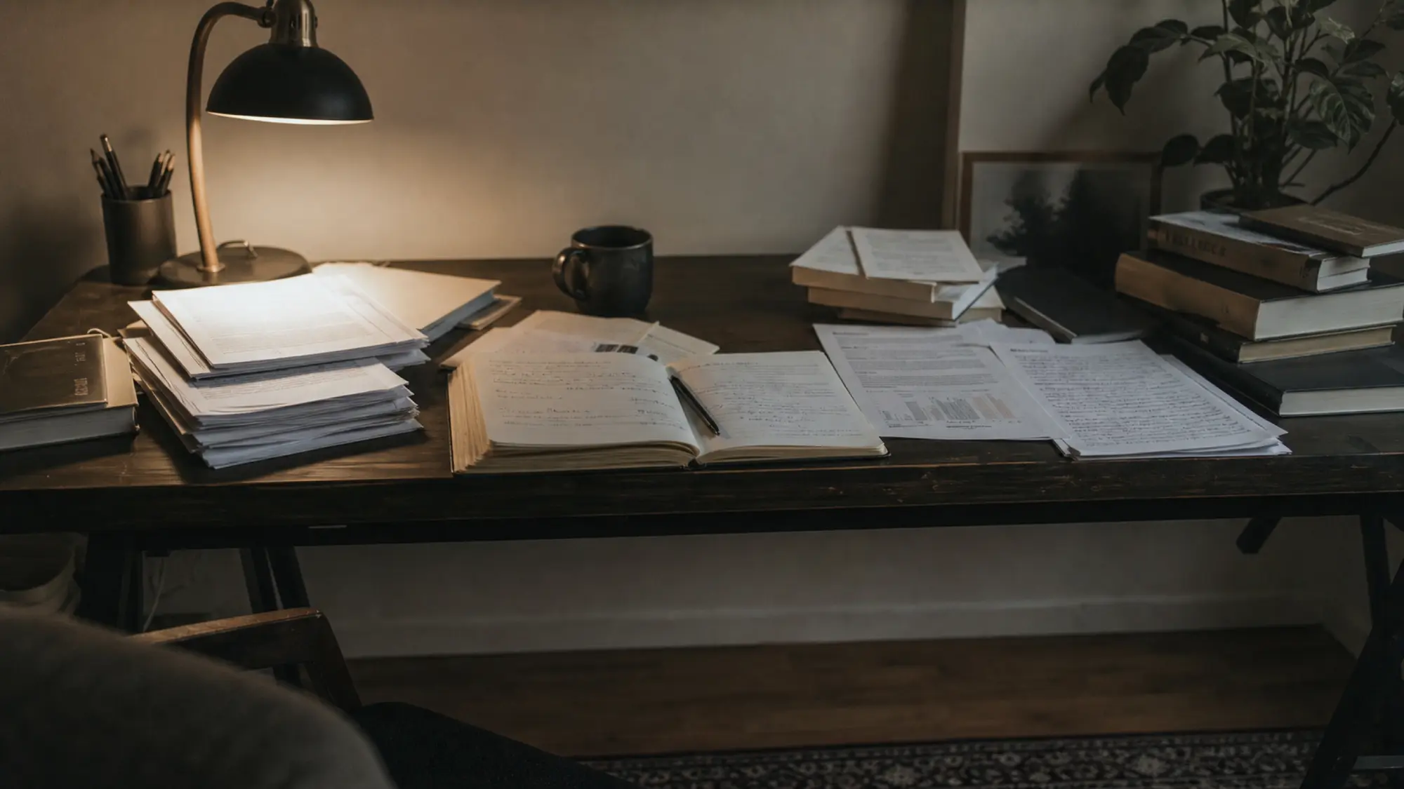 Research desk with journals and notes - independent researcher insurance quote