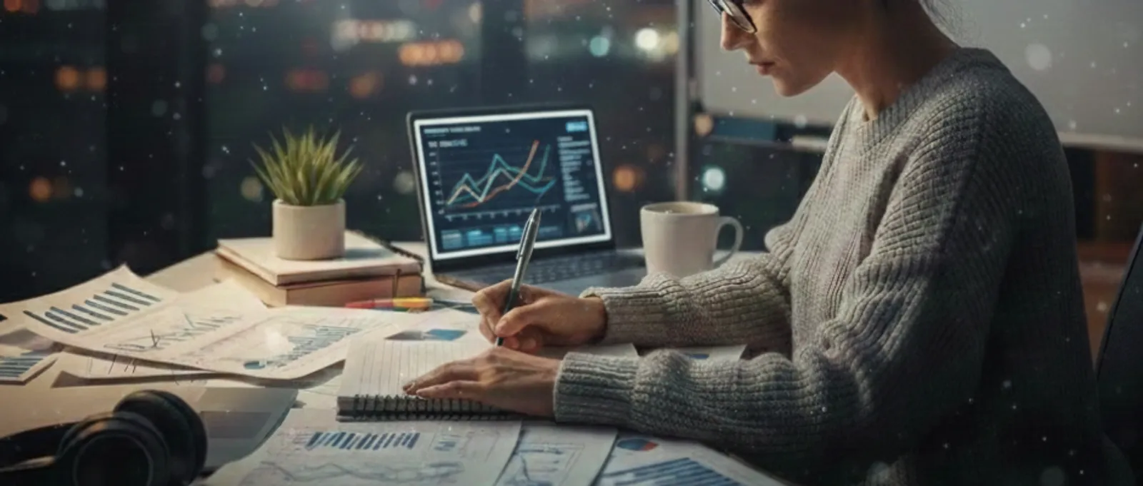 Independent researcher writing notes in home office with laptop and reference books for academic and consulting insurance needs