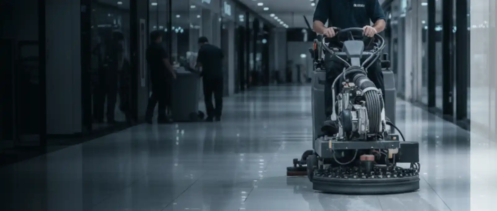 Industrial floor cleaner operating ride-on scrubbing machine in commercial building – representing specialist equipment and public liability risks for cleaning contractors