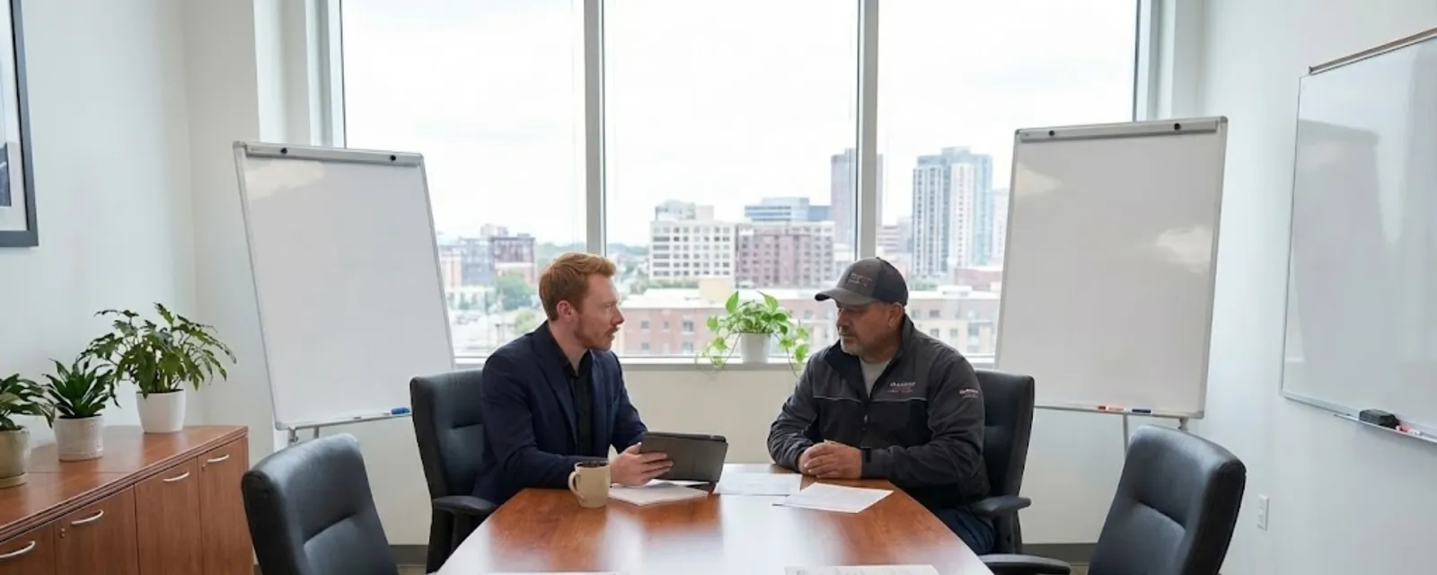 A professional commercial motor insurance broker providing expert advice to a business owner during a consultation in a modern office.