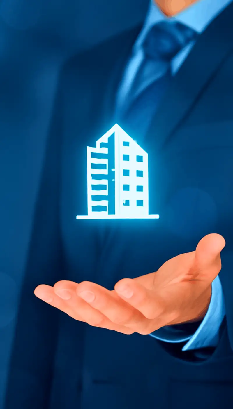 Insurance broker presenting illuminated 3D commercial property icon symbolising professional property coverage solutions