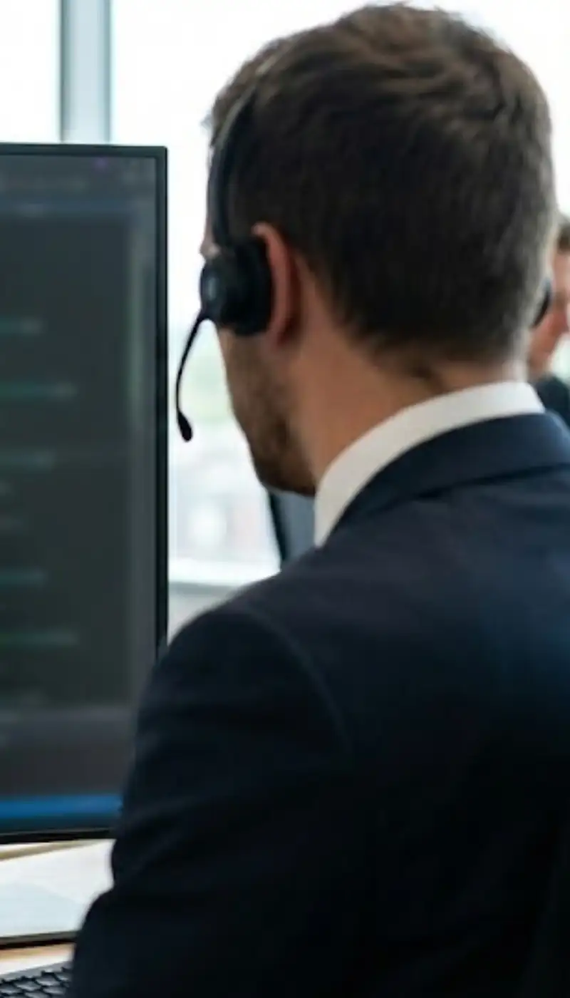 Insurance broker wearing headset advocates for construction client during contract works insurance claim