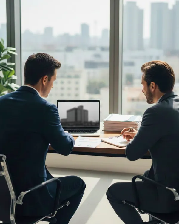 Insurance brokers examining a client's commercial property assets and documentation in modern office overlooking city skyline