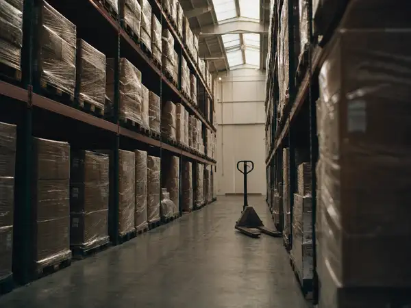 Racked warehouse aisle with pallet stock, the Liverpool businesses Tank insures