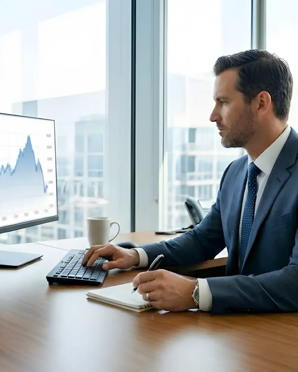 Investment manager analysing market data and stock charts in corporate office – professional negligence insurance for asset managers Australia