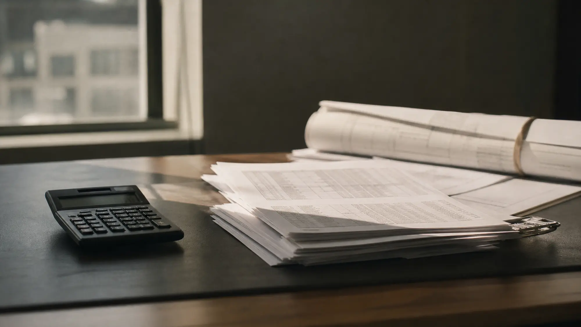 Calculator and property schedules on a desk, working out ISR insurance cost for a commercial asset