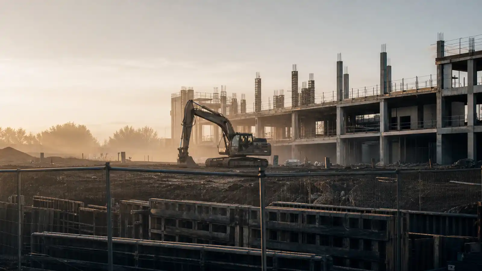 Commercial construction site with excavator in early morning light