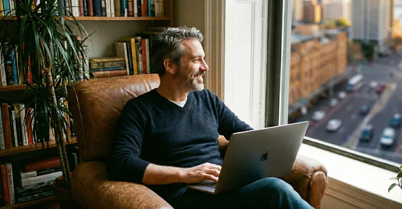 A happy property owner in a home library using a laptop to manage his non-strata insurance policy.