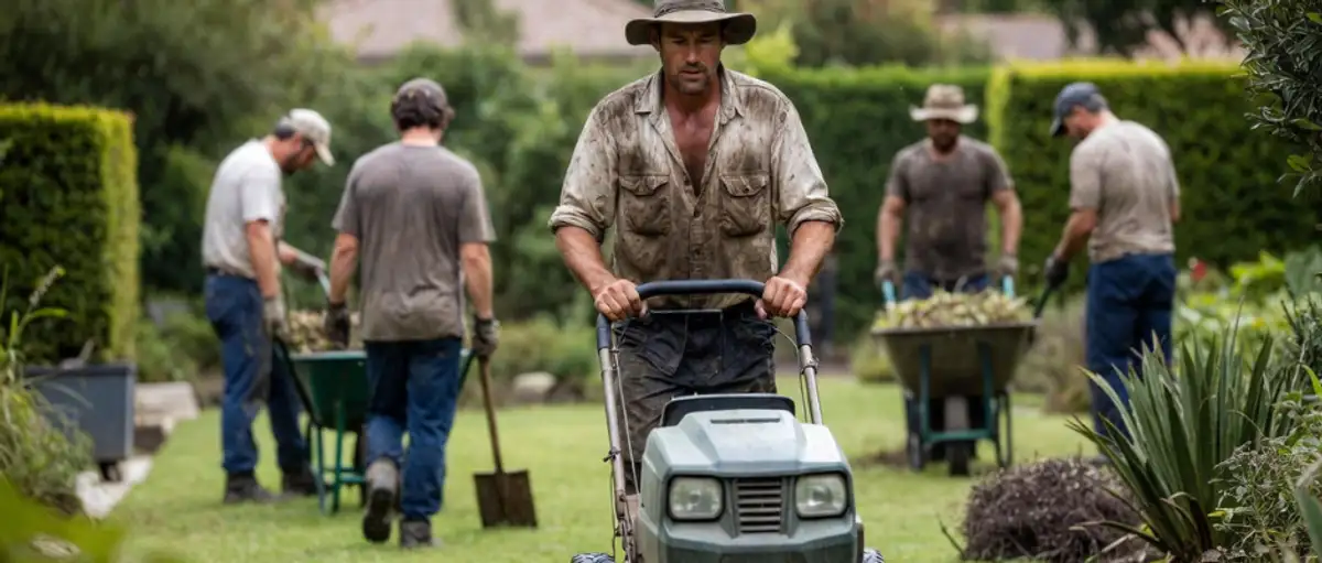 Landscaping team working on residential lawn maintenance - employer liability and workers compensation insurance for landscaping crews