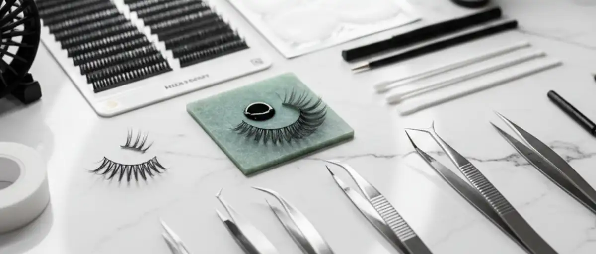 Professional lash technician tools including precision tweezers, eyelash extension trays, and application equipment on marble workspace