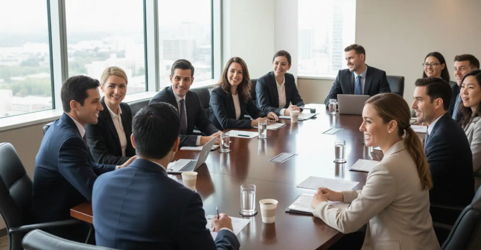A diverse group of smiling business executives and managers engaged in a collaborative meeting in a bright, modern office.