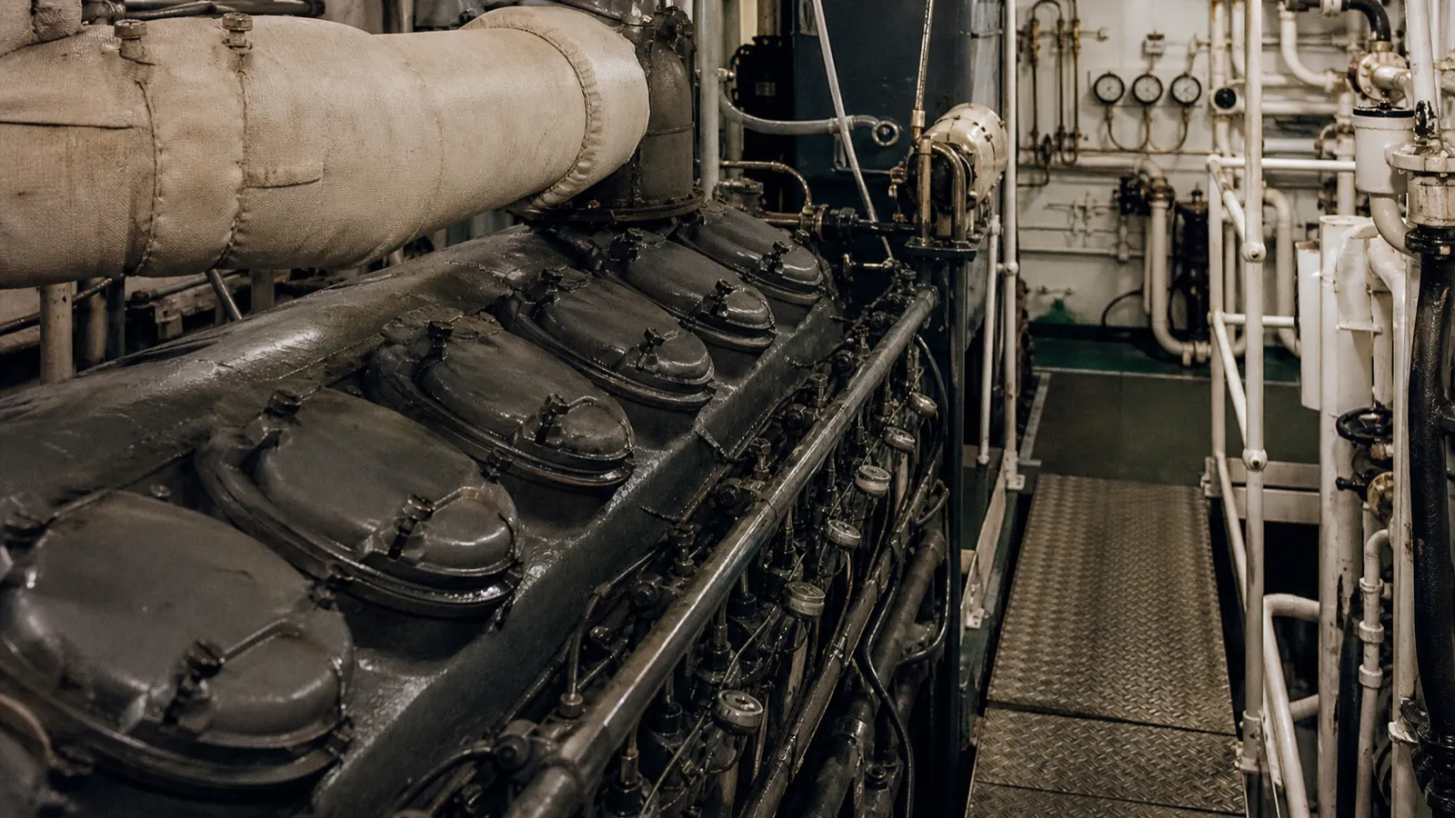 Ship engine room machinery and walkway - marine engineering risk