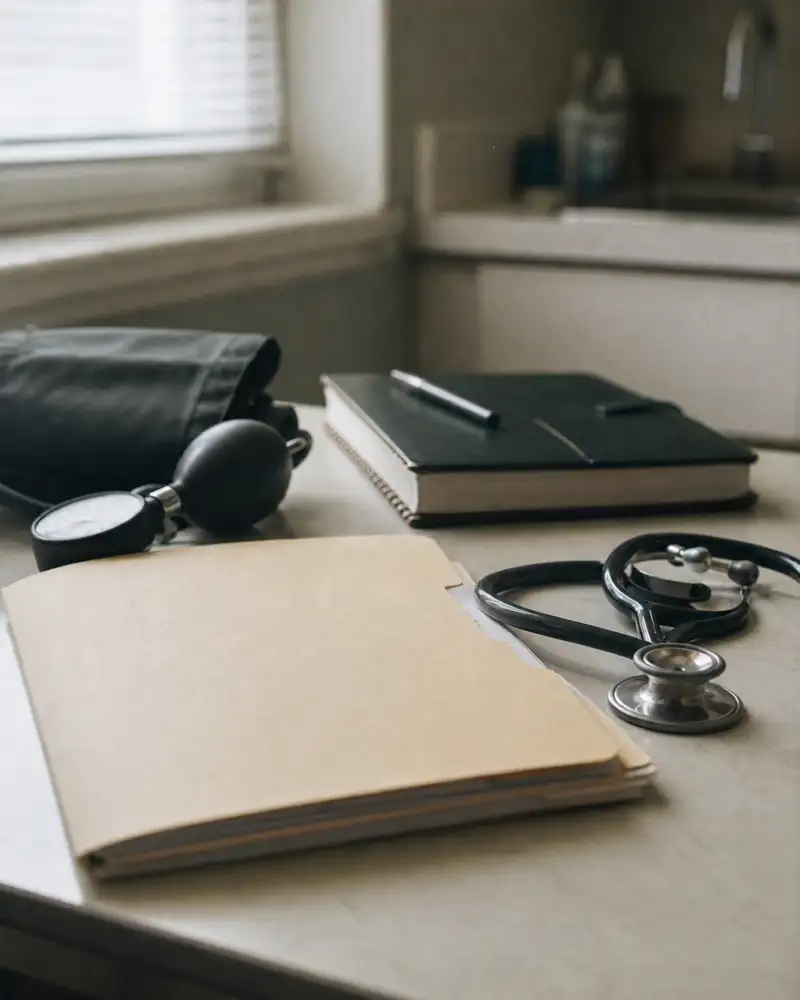 Consultation room desk with stethoscope and patient folder, medical malpractice insurance context