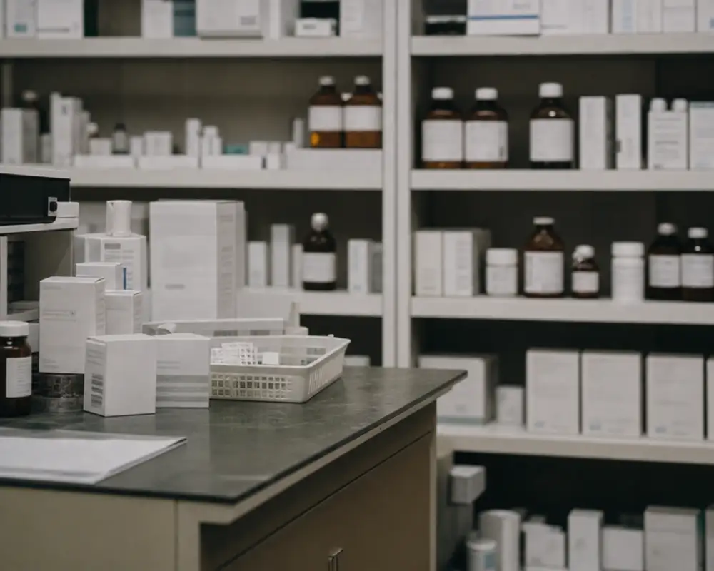 Pharmacy dispensary shelves, a healthcare business type standard insurers often decline