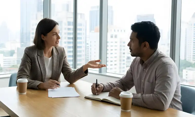Insurance broker discussing public liability coverage options with a business client in a professional office meeting