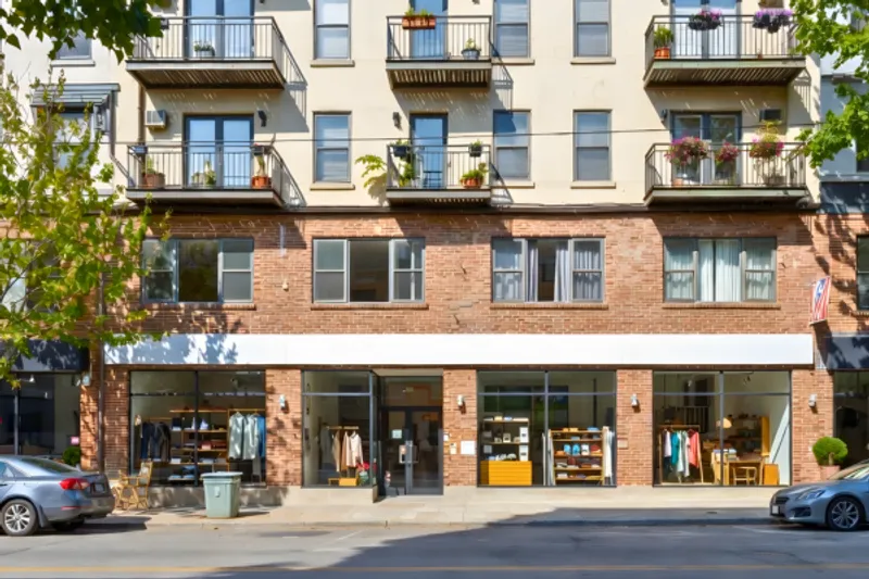 Street-level view of a brick mixed-use building featuring ground-floor retail clothing boutiques and residential apartment units above.