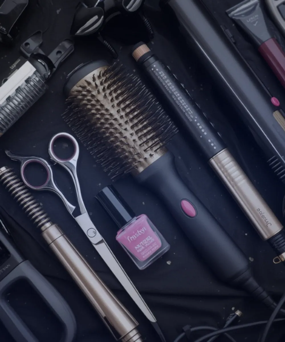 Professional hairdressing and beauty salon equipment including scissors, round brush, curling iron, and nail polish arranged on dark surface