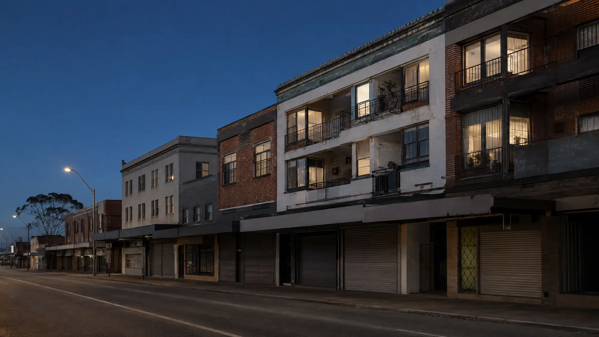 Three-storey mixed-use buildings at dusk with closed shops below and lit apartment windows above