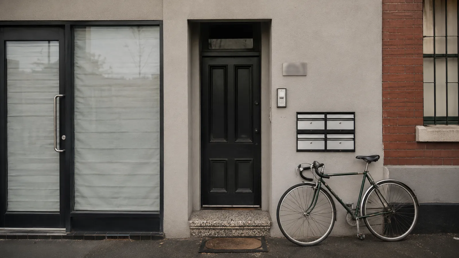 Glass shop door beside a separate residential entry with four letterboxes and a bicycle