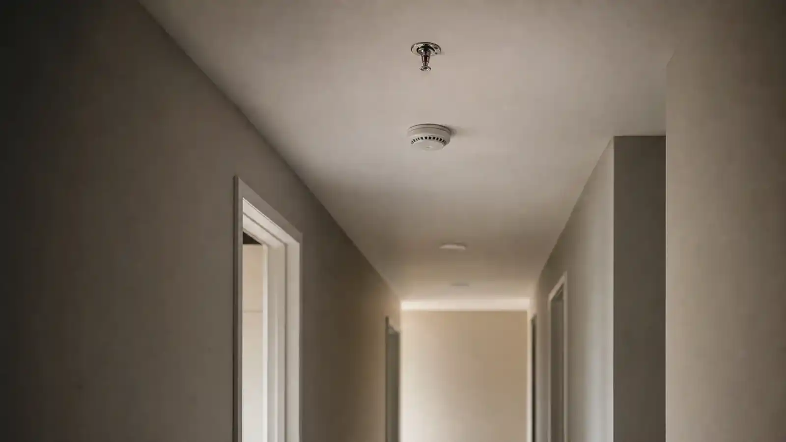 Residential corridor with ceiling sprinkler and smoke detector for SDA fire safety compliance