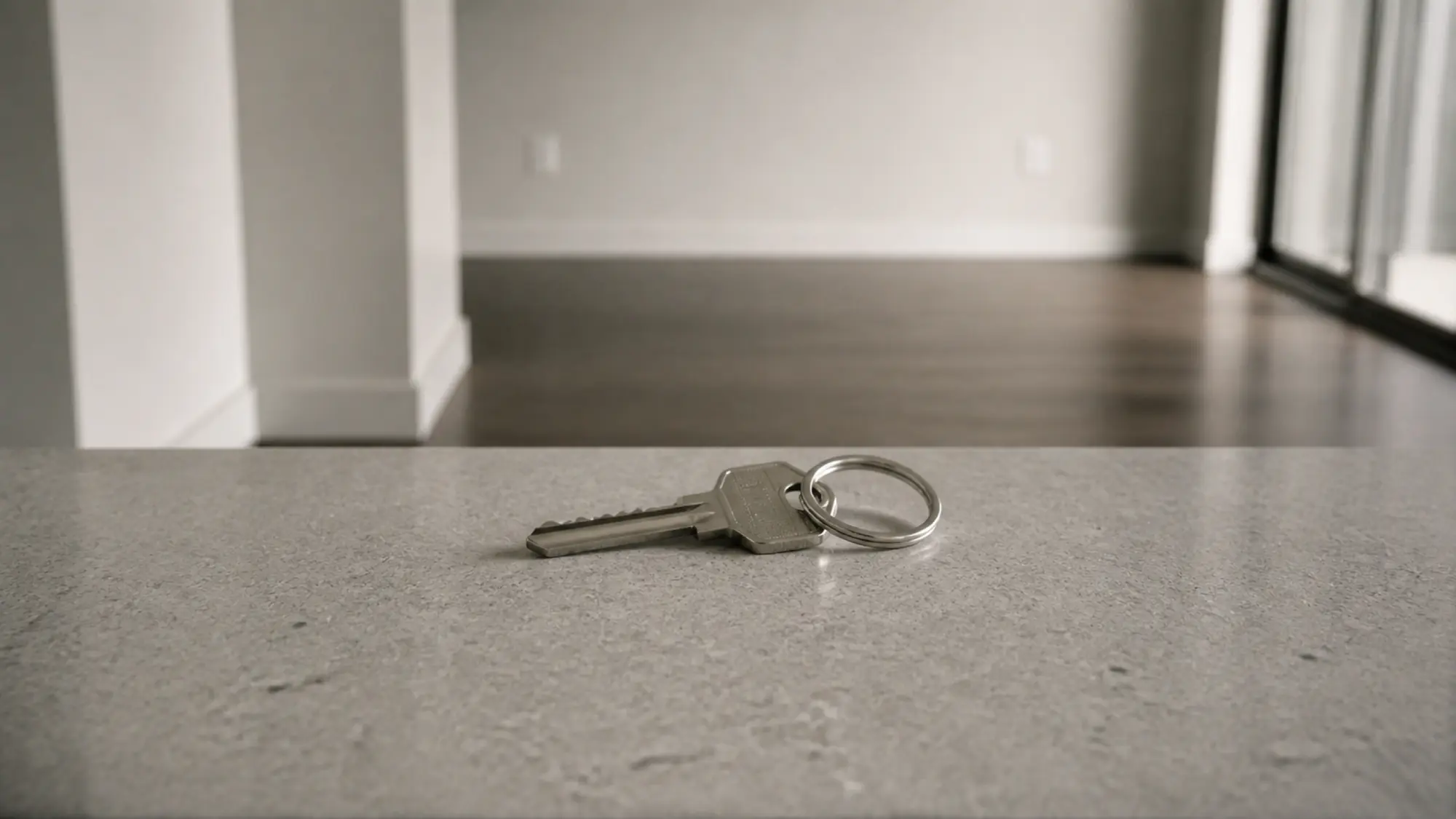 House keys on a kitchen bench in an empty SDA rental property