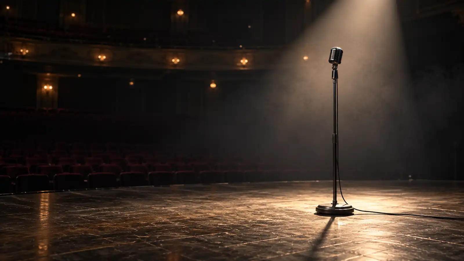 Empty microphone in a spotlight on stage, non-appearance insurance for performers and speakers
