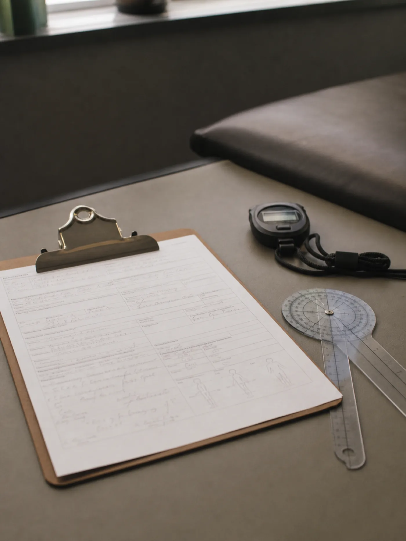 Functional assessment paperwork and goniometer, documentation that protects occupational therapists in PI claims